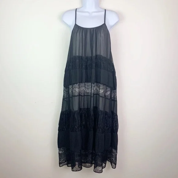 Alice + Olivia Dejas‎ Chiffon Lace Midi Slip Dress in Black Size S - Picture 2 of 16